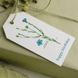  Blauw Botanisch Bloemen Vlas Linum Verjaardag Cadeaulabel