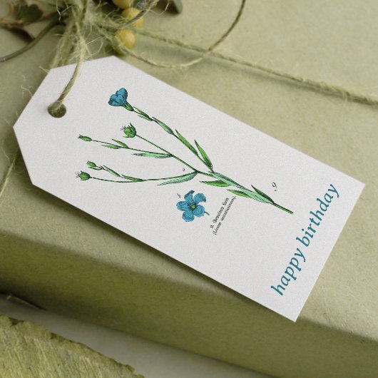  Blauw Botanisch Bloemen Vlas Linum Verjaardag Cadeaulabel