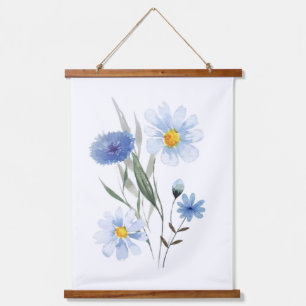 Blauw botanisch boeket wilde bloemen Waterverf Hangend Wandkleed