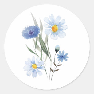 Blauw botanisch boeket wilde bloemen Waterverf Ronde Sticker
