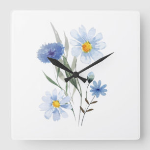 Blauw botanisch boeket wilde bloemen   Waterverf  Vierkante Klok