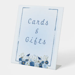 Blauw botanisch elegantie huwelijkskaarten en -cad reclamebord met voetstuk