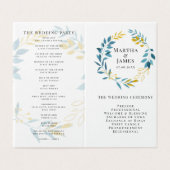 Blauw botanisch gevouwen huwelijksprogramma kaart (Buitenkant ongevouwen)