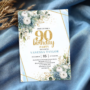 Blauw botanisch gouden kader 90ste verjaardagsuitn kaart