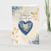 Blauw botanisch hart met gouden schriftaccenten feestdagen kaart (Voorkant)