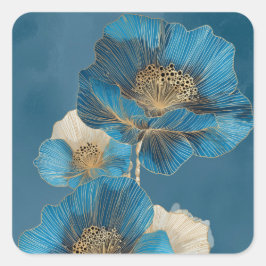 Blauw Botanisch Klaproos Gouden Lijn Kunst Bloem Vierkante Sticker