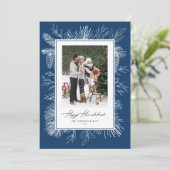 Blauw Botanisch Lijst Happy Chanoeka Foto Feestdagenkaart (Staand voorkant)