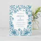  Blauw Botanisch Lijst Wedding Kaart (Staand voorkant)