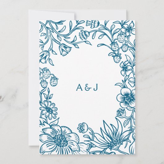 Blauw Botanisch Lijst Wedding Kaart (Achterkant)
