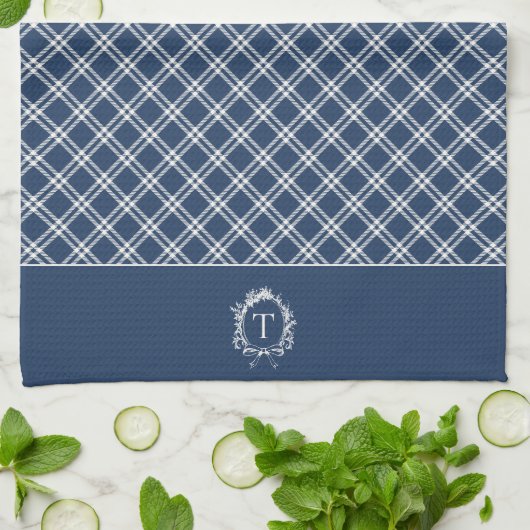 blauw botanisch monogram theedoek (Gevouwen)