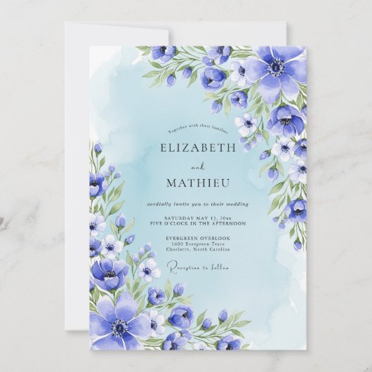 Blauw botanisch romantisch huwelijk kaart (Voorkant)