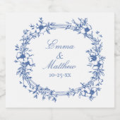  Blauw Botanisch Toile Bruiloft Logo Lijst Sparkling Wijnetiket (Enkel label)