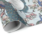 Blauw botanisch trouwpauw & bloemen cadeaupapier (Rol Hoek)