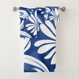 Blauw botanisch watercolor bloemmotief bad handdoek