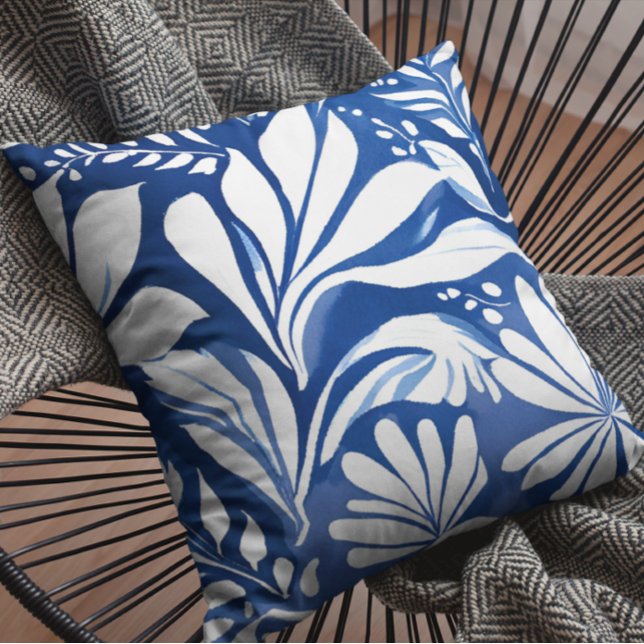 Blauw botanisch waterverf bloemmotief kussen (Creator heeft geüpload)