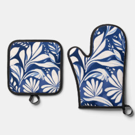 Blauw botanisch waterverf bloemmotief ovenwant & pannenlap set