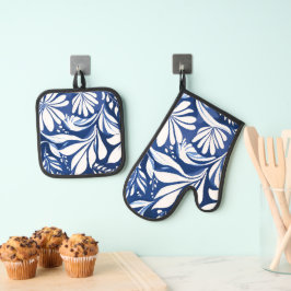 Blauw botanisch waterverf bloemmotief ovenwant & pannenlap set