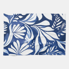 Blauw botanisch waterverf bloemmotief theedoek