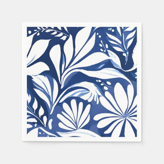 Blauw botanisch waterverf bloemmotief wit patroon servet (Voorkant)