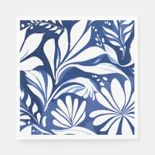 Blauw botanisch waterverf bloemmotief wit patroon servet