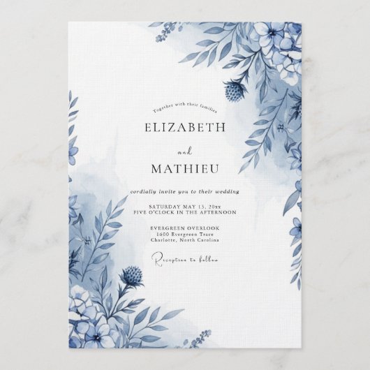 Blauw Botanisch Whimsy Bruiloft Kaart (Voorkant)