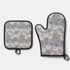  Blauw Botanische Cottagecore Floral Ovenwant & Pannenlap Set