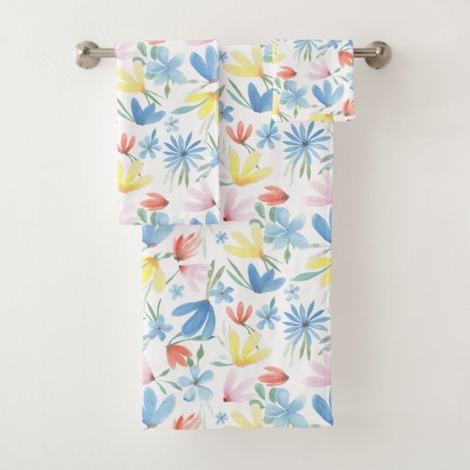 Blauw Botanische Waterverf Bloemenpatroon Bad Handdoek (Insitu)