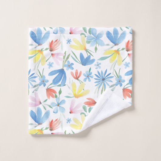 Blauw Botanische Waterverf Bloemenpatroon Bad Handdoek (Wasdoekje)