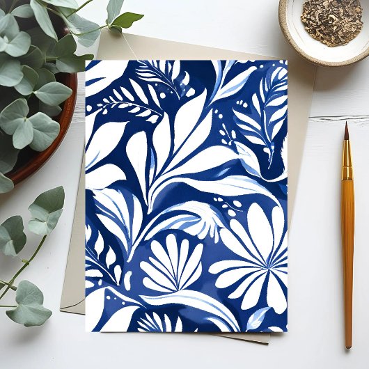 Blauw Botanische Waterverf Bloemenpatroon Briefkaart