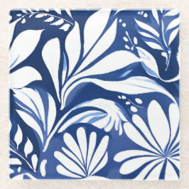 Blauw Botanische Waterverf Bloemenpatroon Glazen Onderzetter