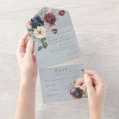 Blauw Bourgogne & Cream Rustiek Bloemen Blauw Geen All In One Uitnodiging (Afscheurbaar)