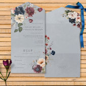 Blauw Bourgogne & Cream Rustiek Bloemen Blauw Geen All In One Uitnodiging