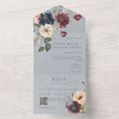 Blauw Bourgogne & Cream Rustiek Bloemen Blauw QR C All In One Uitnodiging (Binnen)