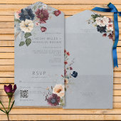Blauw Bourgogne & Cream Rustiek Bloemen Blauw QR C All In One Uitnodiging