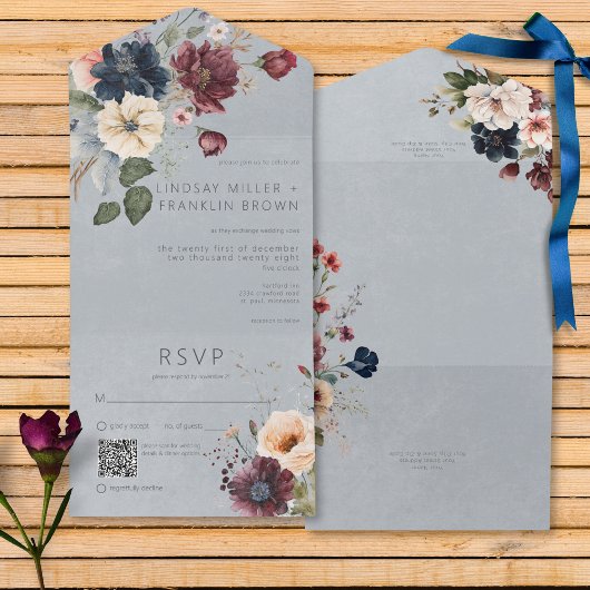 Blauw Bourgogne & Cream Rustiek Bloemen Blauw QR C All In One Uitnodiging