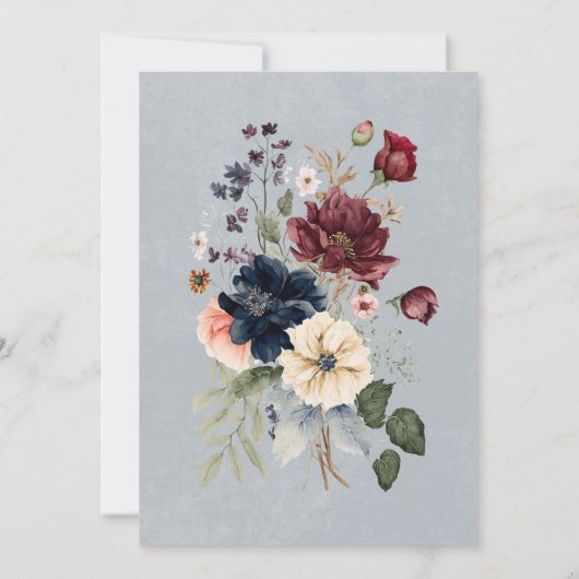 Blauw Bourgogne & Crème Rustieke Bloemen Bruidsbru Kaart (Achterkant)