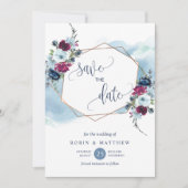 Blauw, Bourgogne en Berry Bloemen, Elegante bruilo Save The Date (Voorkant)