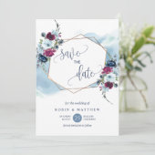 Blauw, Bourgogne en Berry Bloemen, Elegante bruilo Save The Date (Staand voorkant)