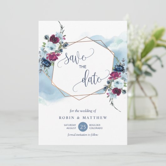 Blauw, Bourgogne en Berry Bloemen, Elegante bruilo Save The Date (Staand voorkant)