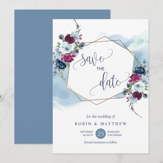 Blauw, Bourgogne en Berry Bloemen, Elegante bruilo Save The Date (Voorkant / Achterkant)