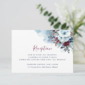 Blauw Bourgogne Paarse Bloemen Bruiloft Receptie & Informatiekaartje (Staand voorkant)