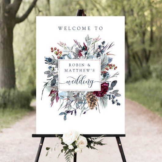 Blauw, Bourgogne, Paarse Floral Weddenschap Welkom Poster