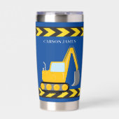 Blauw bouwvoertuig gepersonaliseerd voor kinderen geïsoleerde drinkbeker (Voorkant)