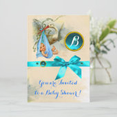 BLAUW BOW STORK BABY BOY SHOWER GEMSTONE MONOGRAM KAART (Staand voorkant)