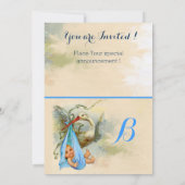 BLAUW BOW STORK BABY BOY SHOWER GEMSTONE MONOGRAM KAART (Achterkant)