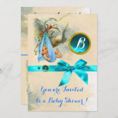 BLAUW BOW STORK BABY BOY SHOWER GEMSTONE MONOGRAM KAART (Voorkant / Achterkant)