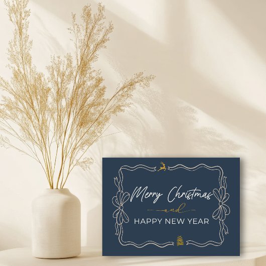 Blauw: Bow & Trees Doodles Holiday Gevouwen Kaart