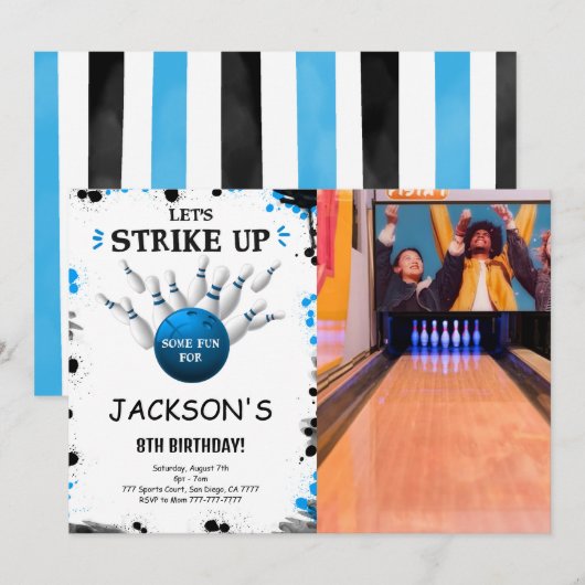 Blauw Bowling Foto uitnodiging (Voorkant / Achterkant)