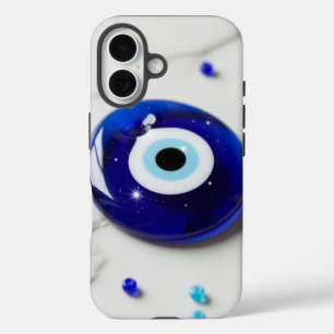 Blauw Boze Oog Amulet op Witte Marmeren Oppervlak iPhone 16 Hoesje