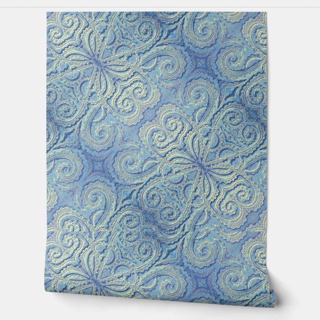 Blauw Brocade patroon vinyl behang (Afrollen)